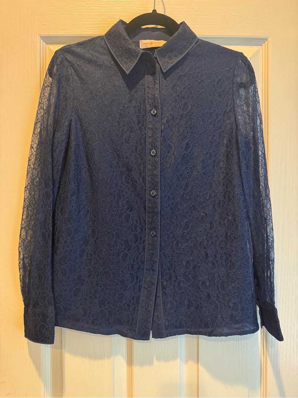 Tory Burch Navy Blue Floral Lace Button Down Blouse Size 2
